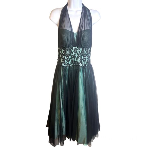 Cache Vintage Teal Black Y2k Fairy Halter Chiffon Fit & Flare Party Dress size 6 - Picture 1 of 7